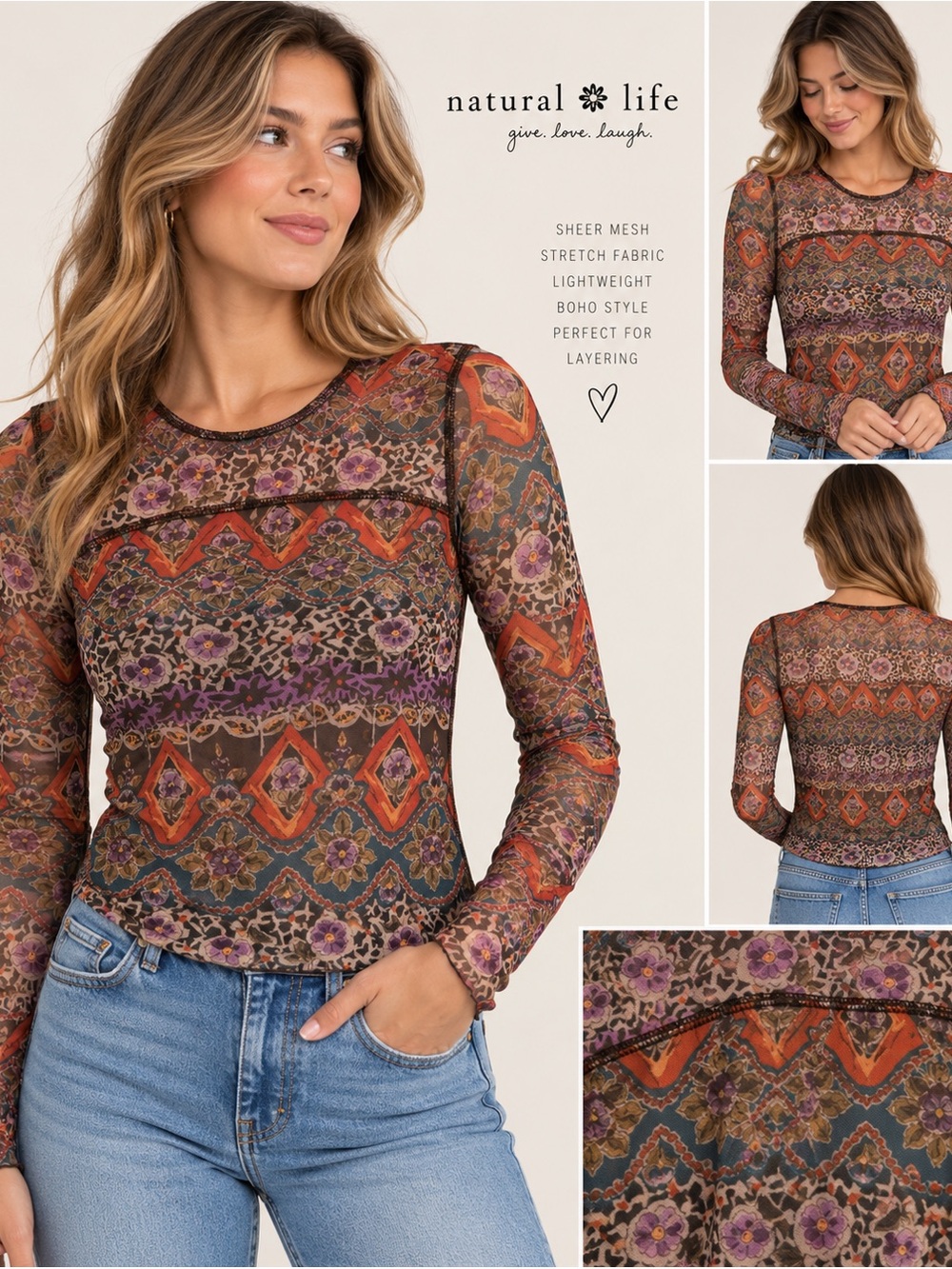 Natural Life Sheer Mesh Top S Floral Patchwork Whimsigoth Boho Y2K